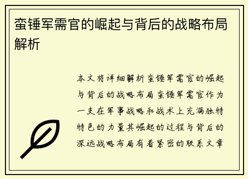 蛮锤军需官的崛起与背后的战略布局解析